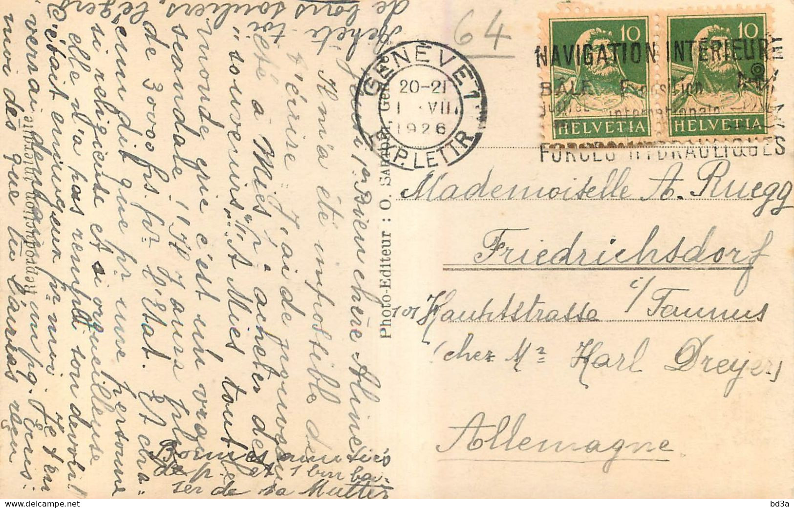 CACHET SUISSE GENEVE 1926 NAVIGATION INTERIEURE - Marcophilie