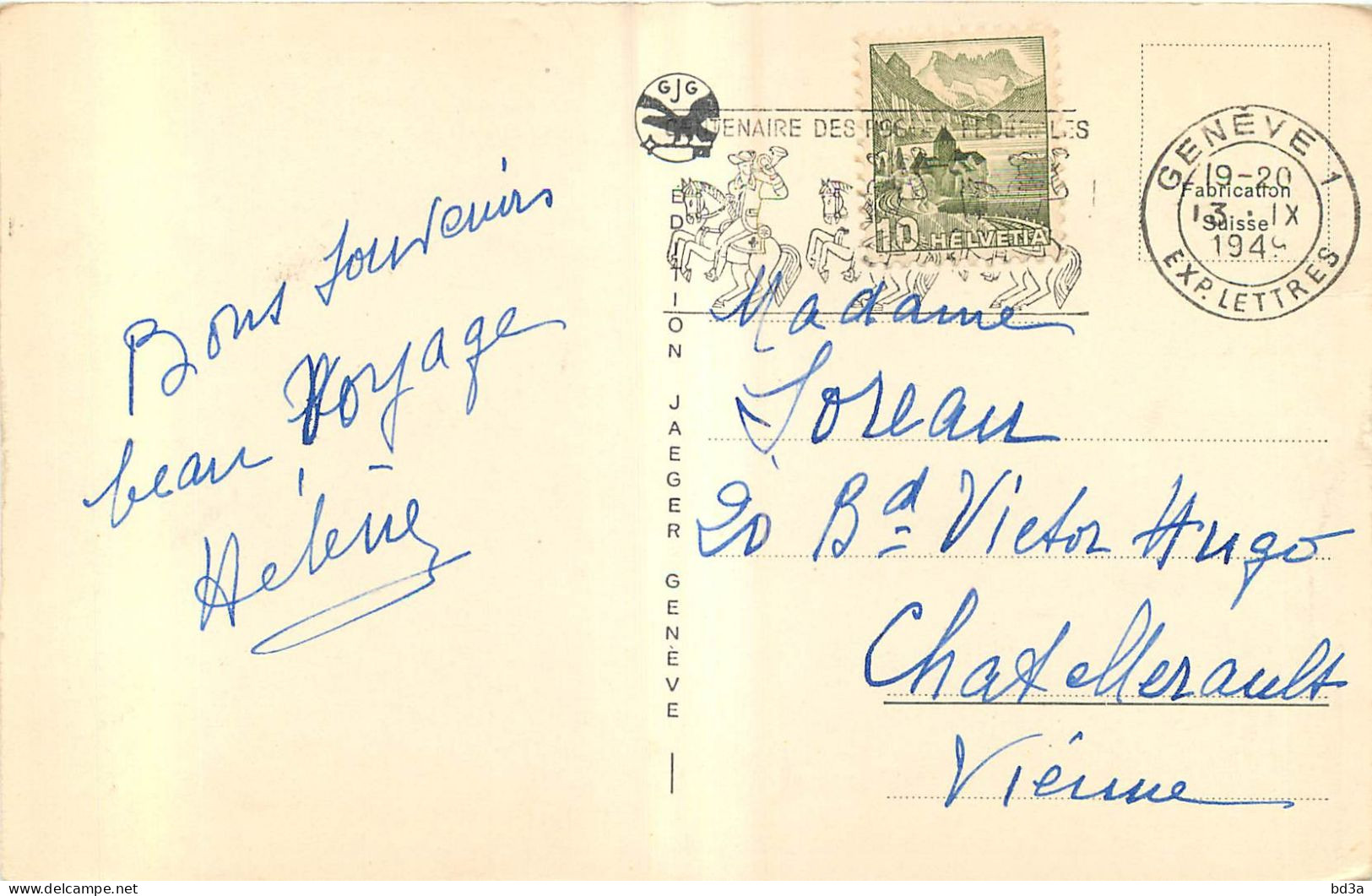 SUISSE GENEVE 1949 CENTENAIRE  - Postmark Collection