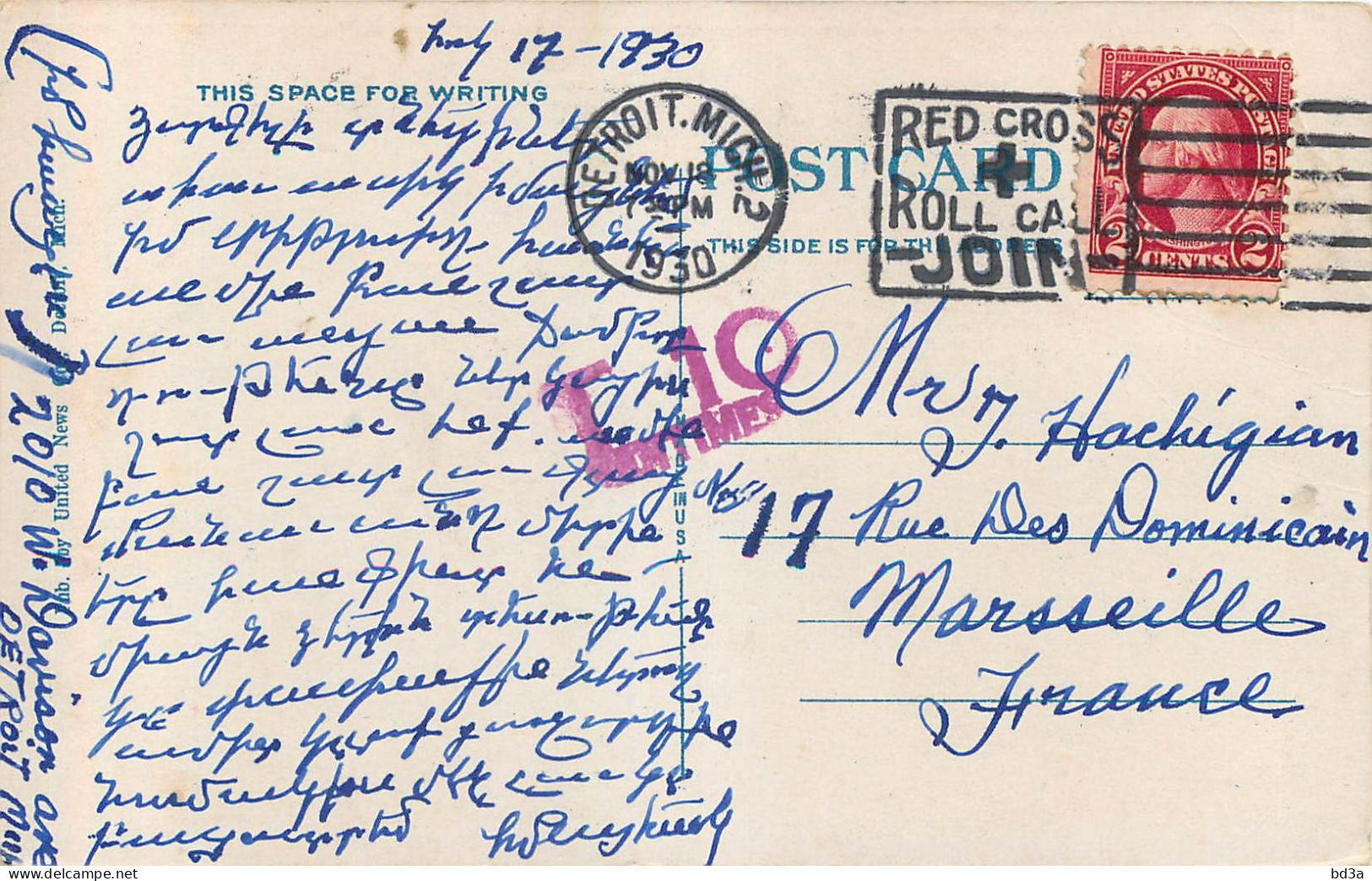 MARCOPHILIE CANADA DETROIT MICH2 1930 POUR MARSEILLE - Storia Postale