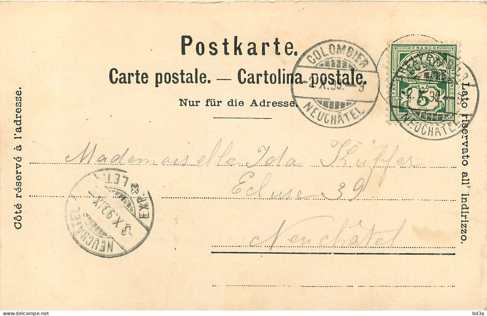 CACHET SUISSE COLOMBIER NEUCHATEL 1899 - Postmark Collection