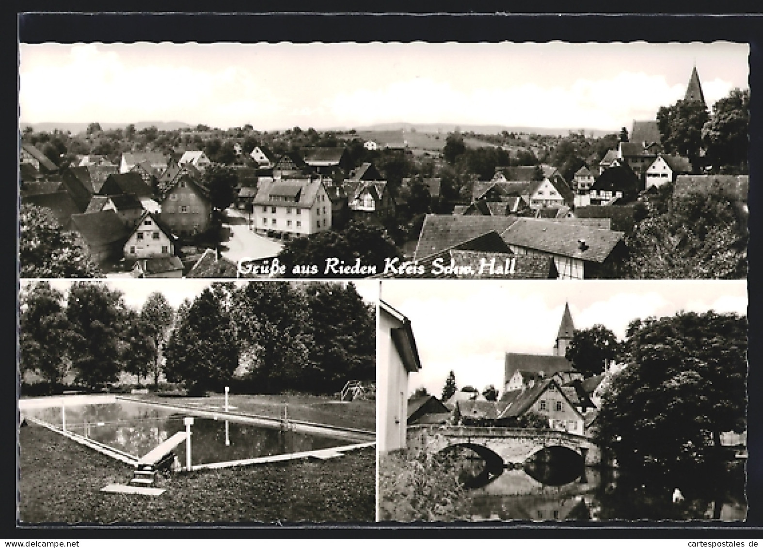 AK Rieden / Schwäb. Hall, Ortspartie Mit Brücke, Schwimmbecken, Ortsansicht  - Schwaebisch Hall