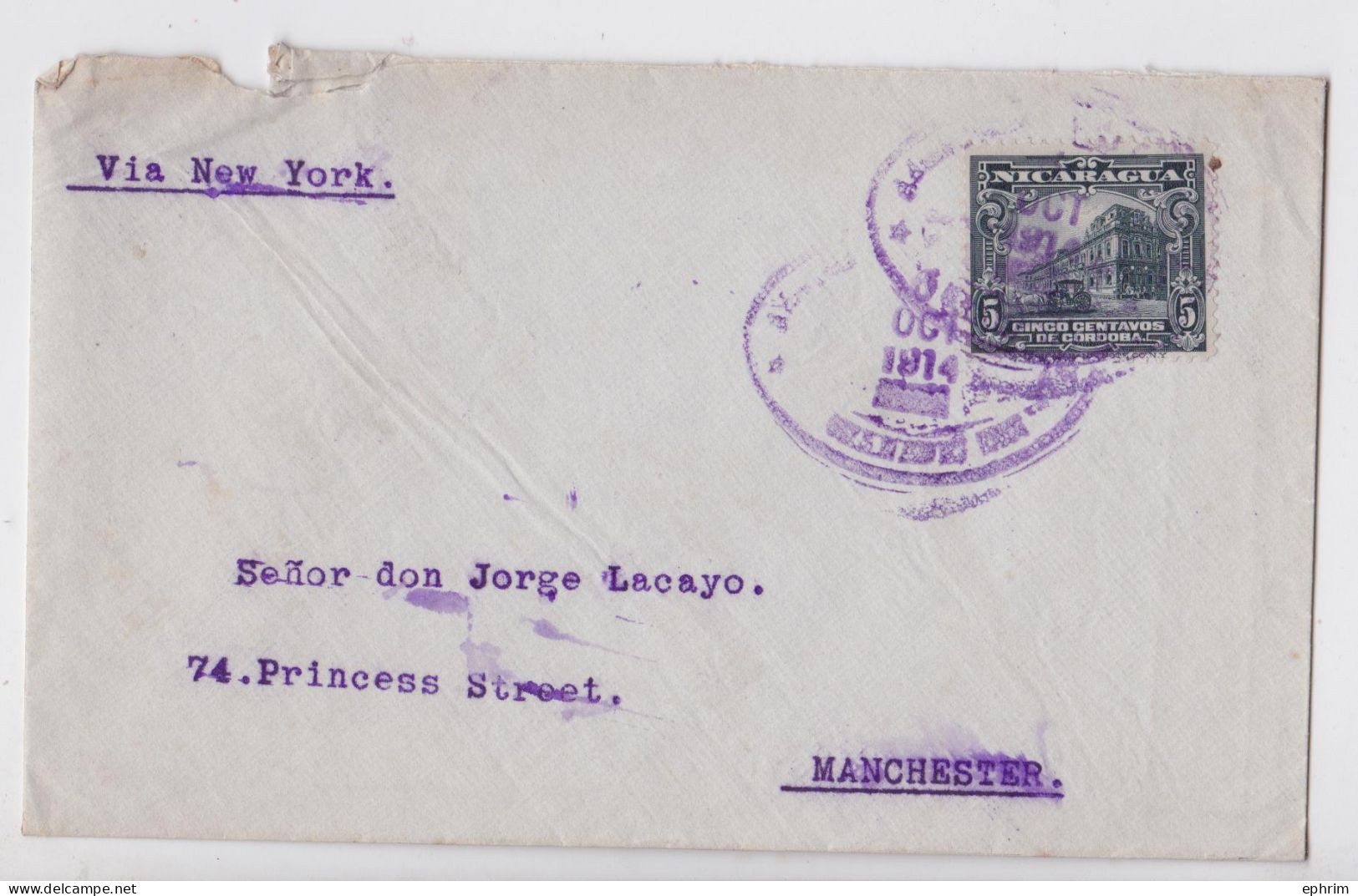 Nicaragua Corinto (?) Lettre Ancienne Timbre Stamp Old Mail Cover To Manchester Via New York Sello Correo 1914 - Nicaragua