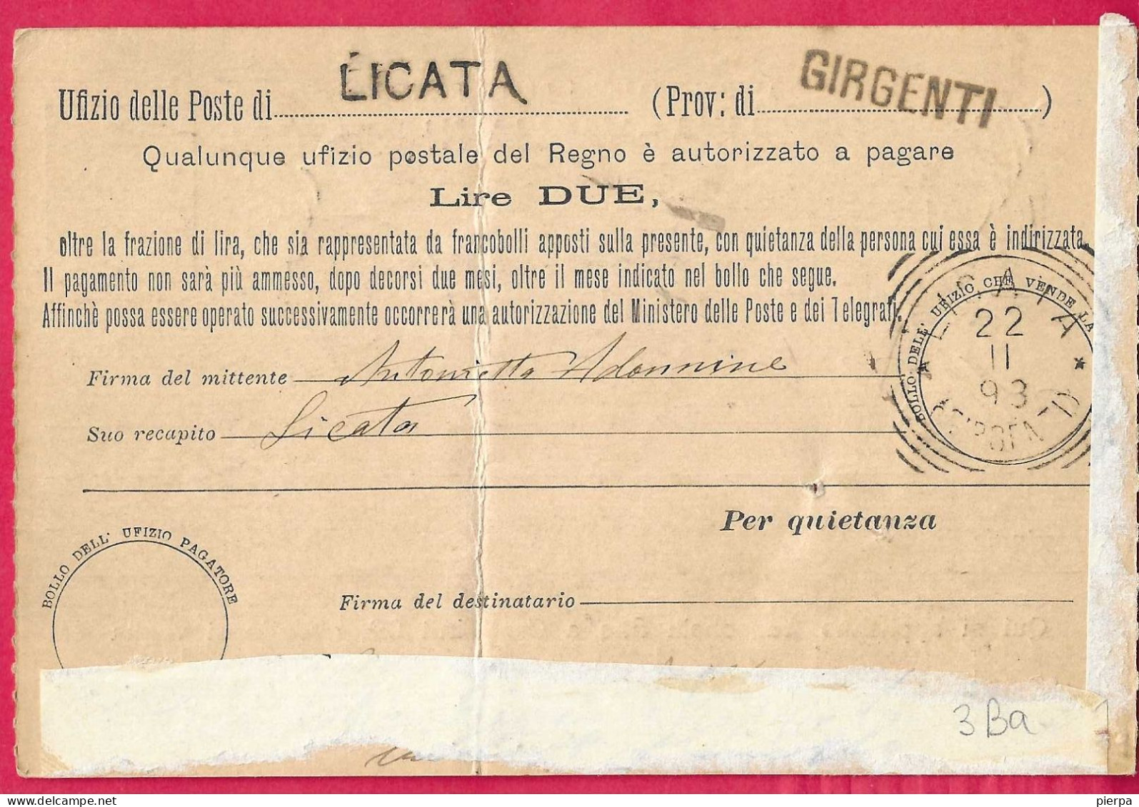 INTERO CARTOLINA-VAGLIA UMBERTO C.10 DA LIRE 2 (CAT. INT. 3Ba) -VIAGGIATA DA LICATA*22.11.93* - ANNULLO TONDO RIQUADRATO - Ganzsachen