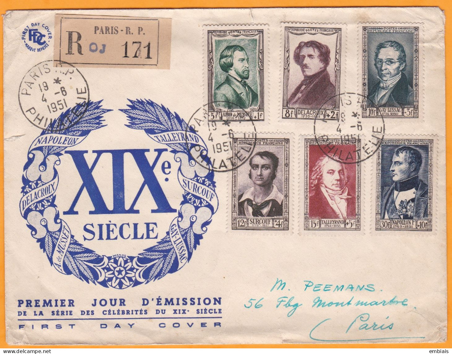 FDC. Série Dite De NAPOLÉON 1er  N°891/896 Sur Enveloppe Oblitérée Paris- R.P 4/6/51 Avec Recommandé - 1950-1959