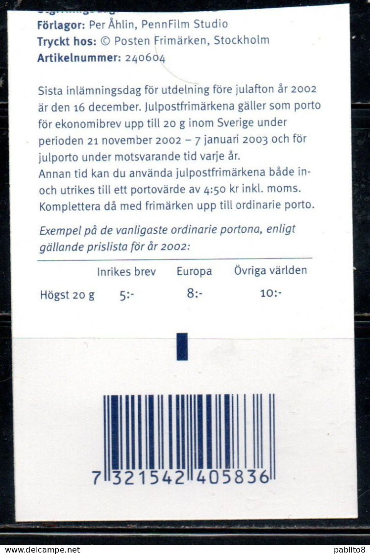 SWEDEN SVERIGE SVEZIA SUEDE 2002 CHRISTMAS NATALE NOEL WEIHNACHTEN NAVIDAD BLOCK FROM BOOKLET MNH - Ongebruikt