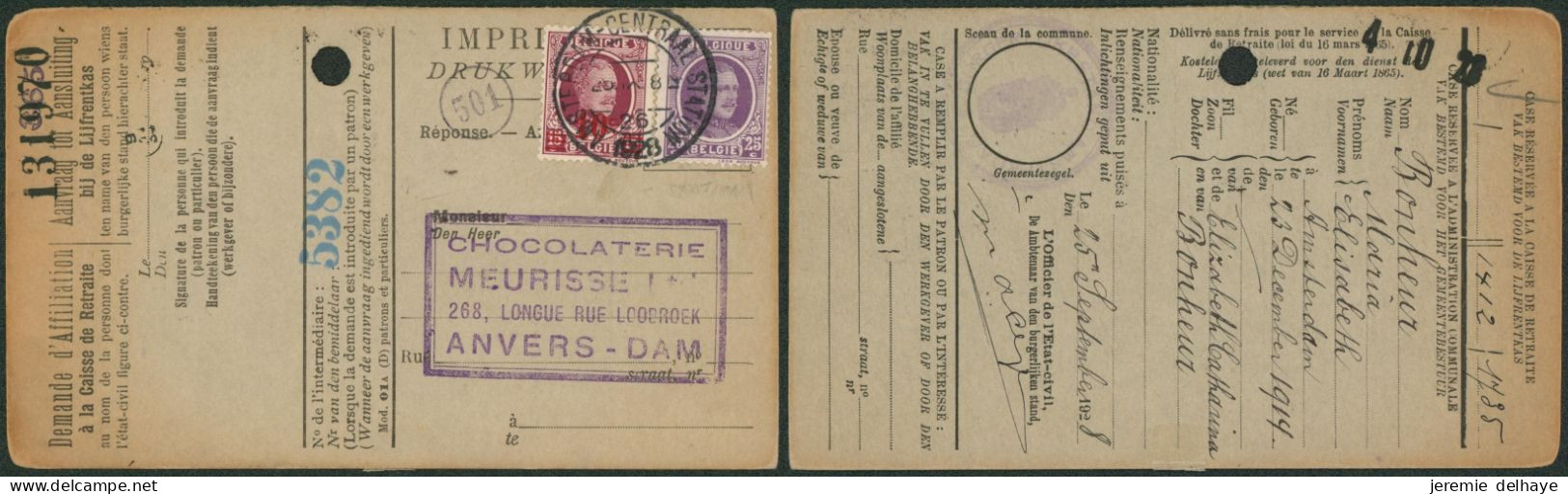 Houyoux - N°198 Et 246 Sur Demande D'affiliation + Obl étrangère "Amsterdam-centraal" > Anvers-dam (Chocolaterie) - 1922-1927 Houyoux