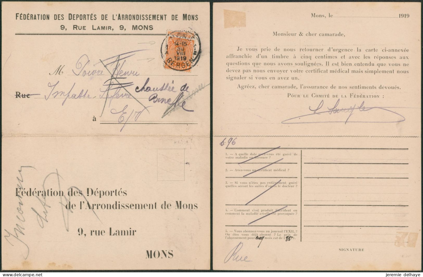 Albert I - Affranchissement Supperposé N°135 Sur Imprimé (Mons, Fédération Des Déportés) > La Ville. - 1915-1920 Albert I