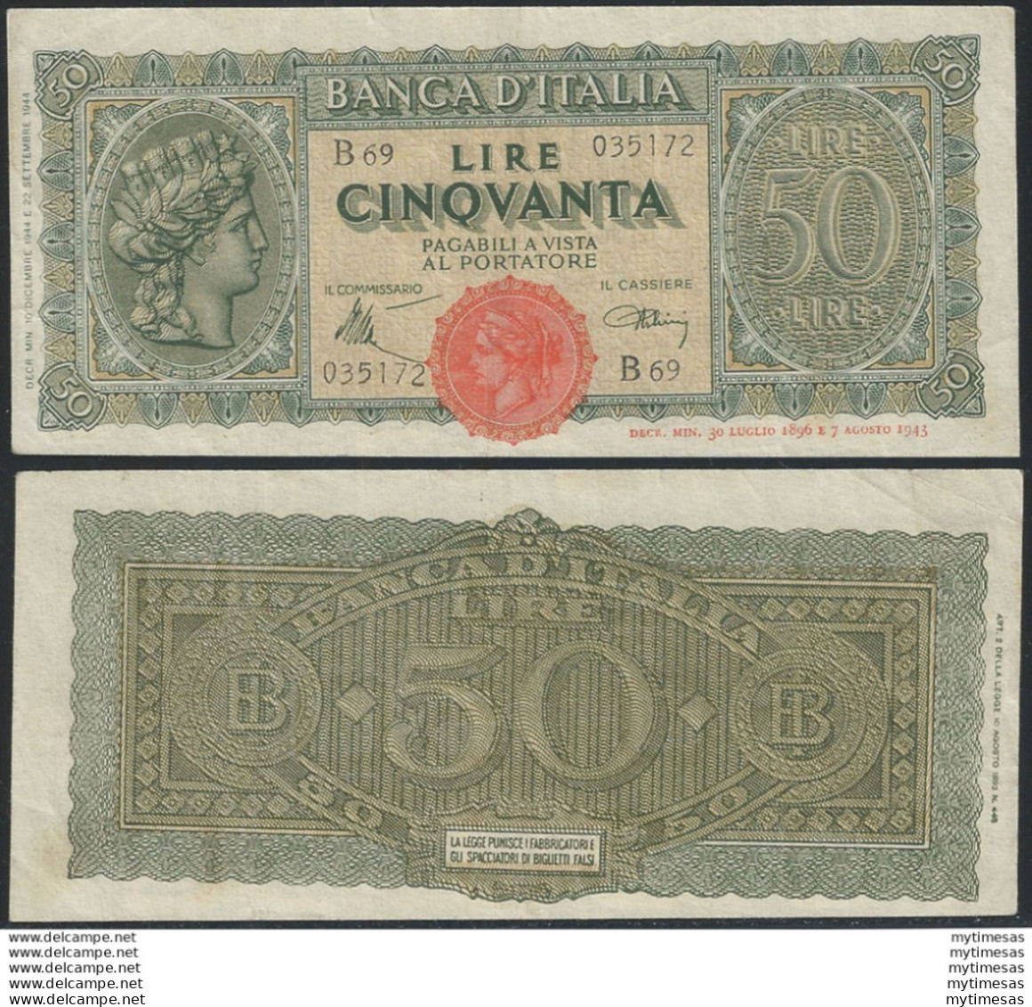 1944 Lire 50 SPL Italia Turrita Rif BI 265 Alfa - Andere & Zonder Classificatie