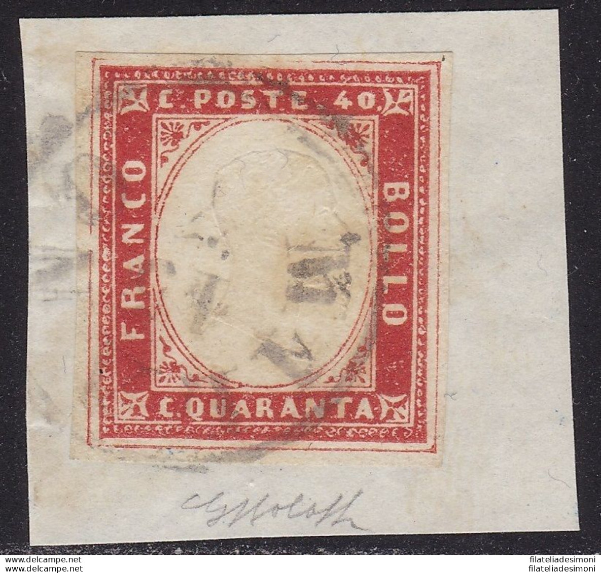 1857 SARDEGNA, N° 16A IV Emissione 40 Cent. Rosso Scarlatto SU FRAMMENTO - Sardegna