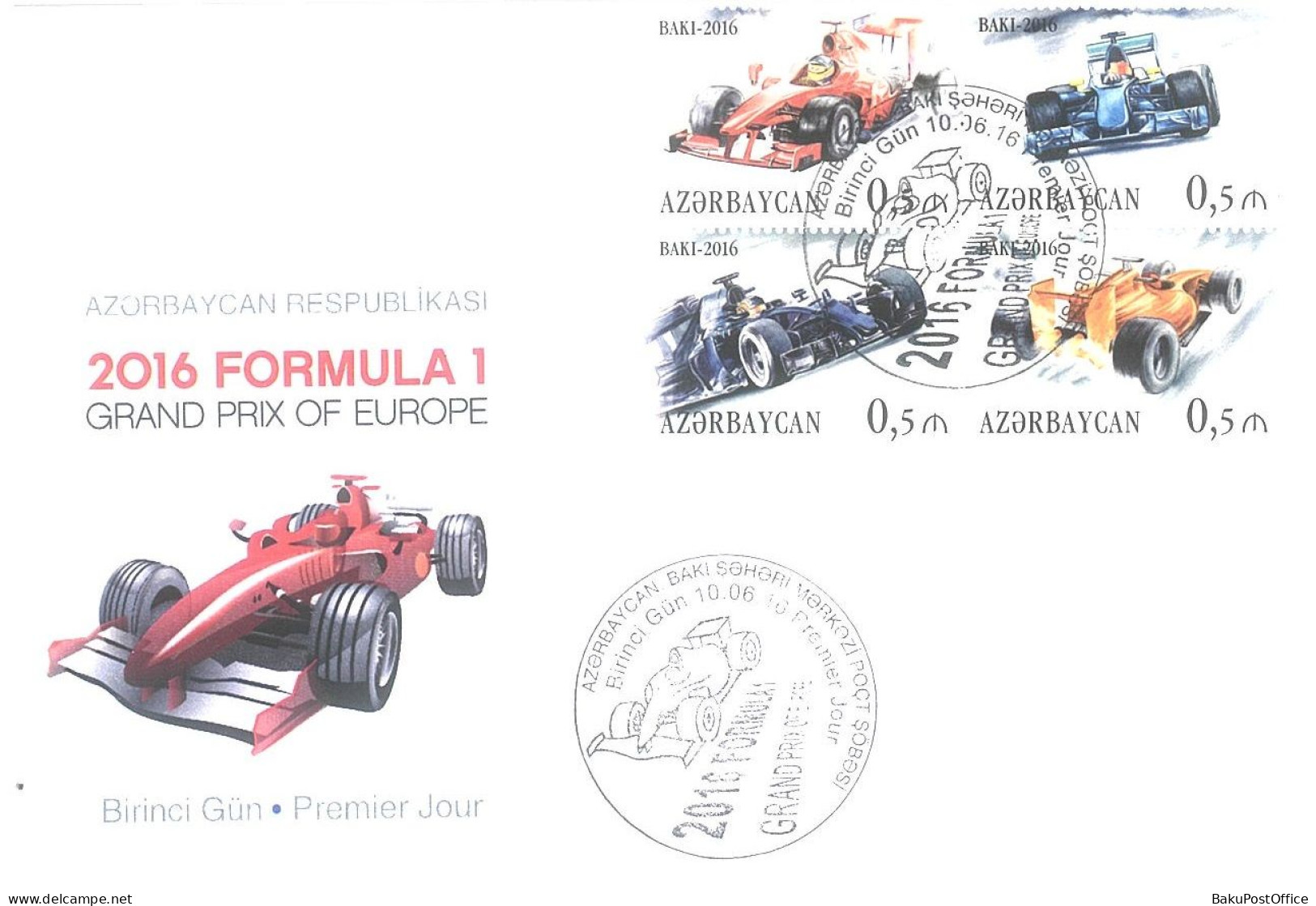 Azerbaijan 2016 FDC First Day Cover Formula 1 Stamps 4 . Grand Prix Of Europe - Azerbaiján