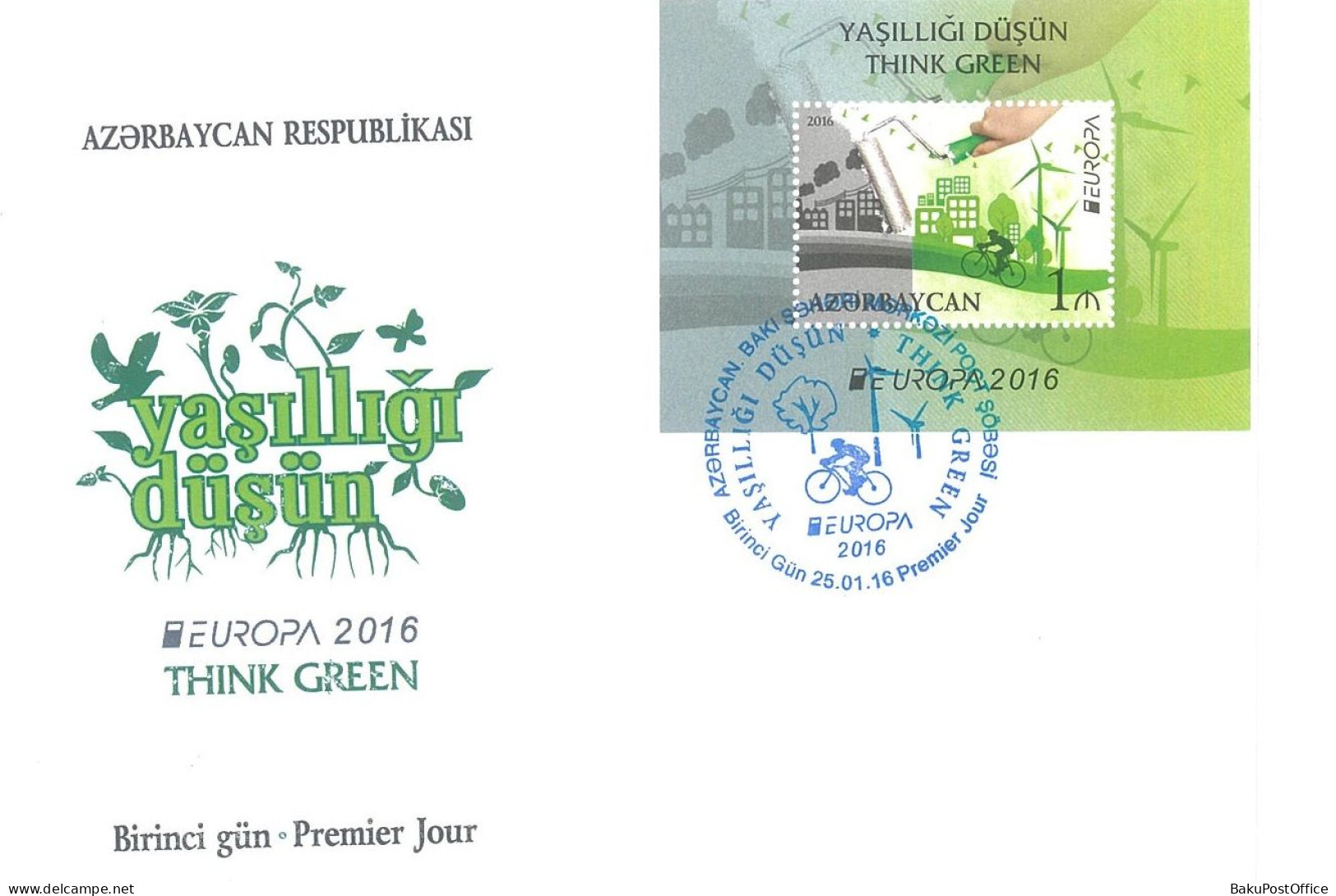 Azerbaijan 2016 FDC First Day Cover CEPT EUROPA Block Think Green - Aserbaidschan