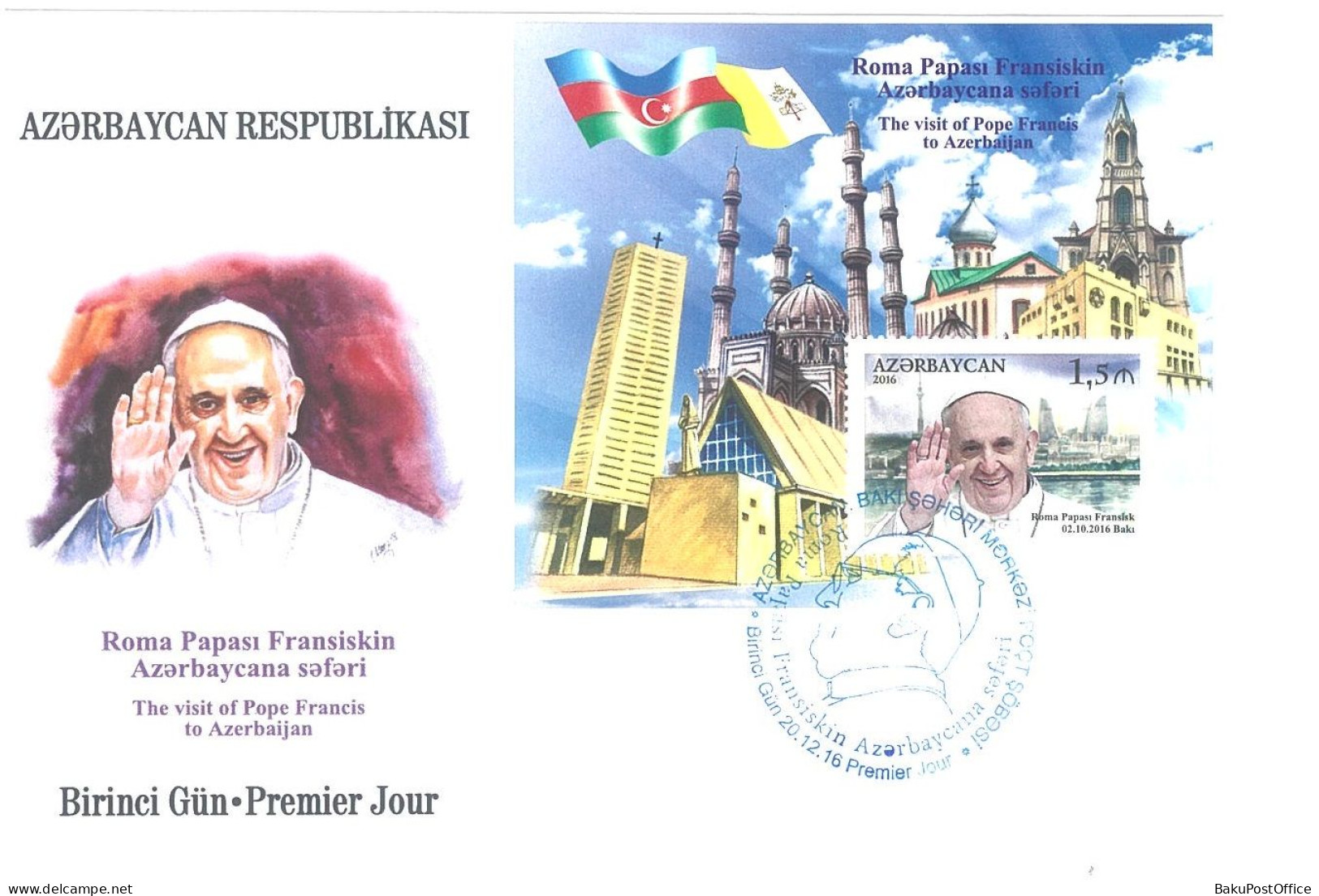 Azerbaijan 2016 FDC First Day Cover The Visit Of Pope Francis To Azerbaijan Church Mosk - Aserbaidschan