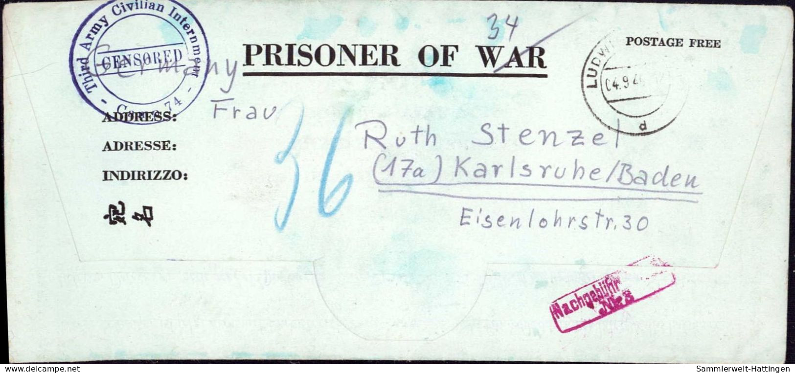 604156 | Interniertenpost Kriegsgefangenenpost POW Aus Dem Camp 74, 1 Wort Von Der Zensur Ausgeschnitten | Ludwigsburg ( - Courriers De Prisonniers