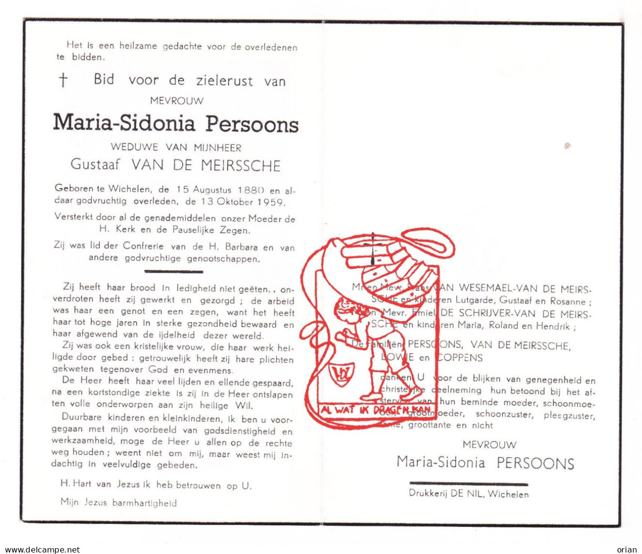 DP Maria Sidonia Persoons ° Wichelen 1880 † 1959 X Gustaaf Van De Meirssche // Van Wesemael De Schrijver Lowie Coppens - Devotion Images