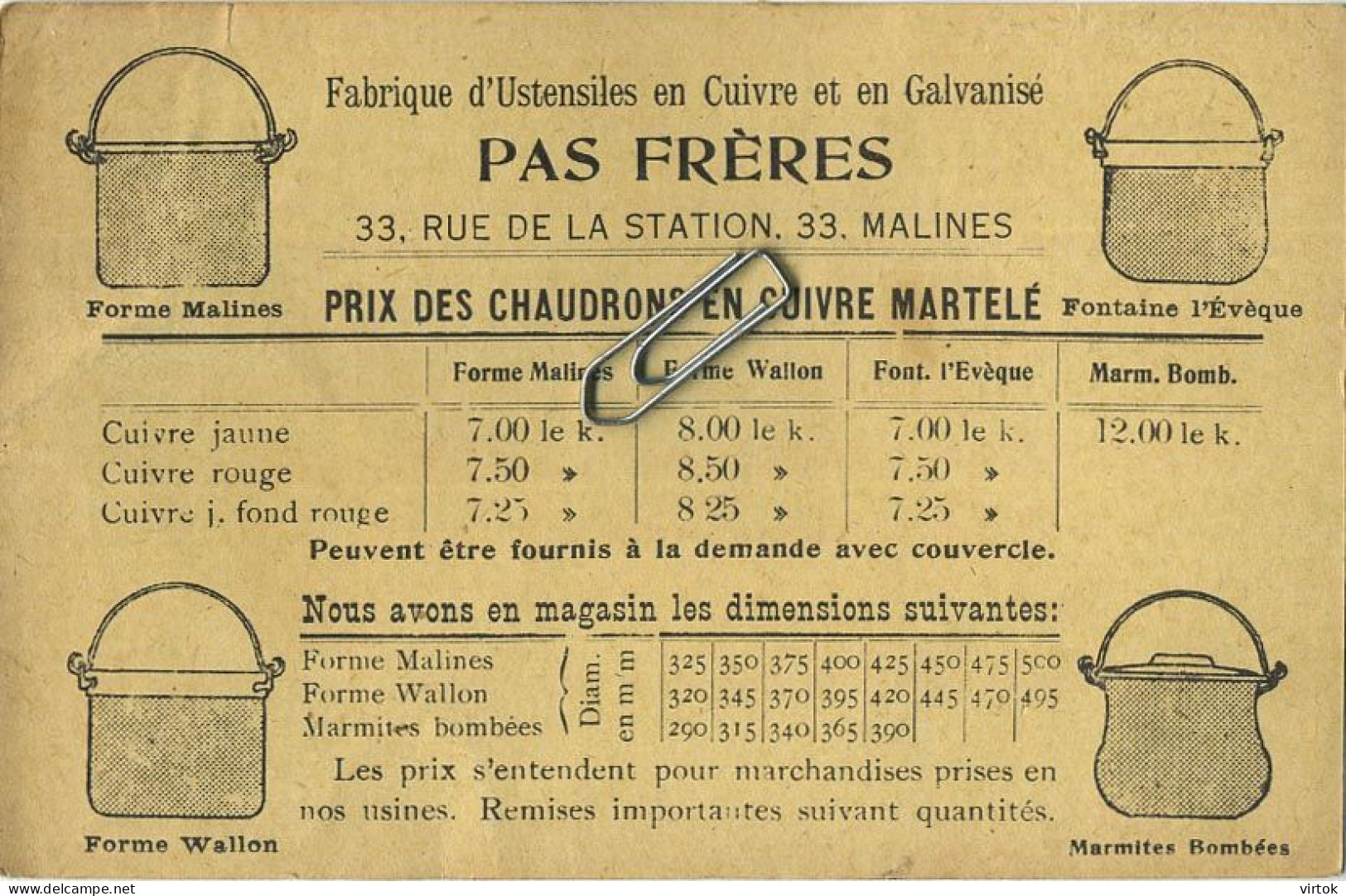 Mechelen   : PAS Frères :  Fabrique D'ustensiles En Cuivre Et En Galvanisé     See Scans - Malines