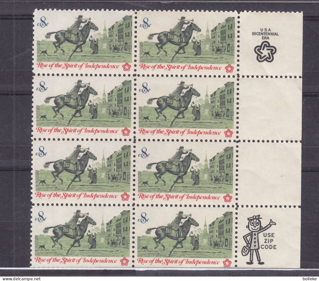 Etats Unis - Yvert 978 ** - Bloc De 8 - Indépendance -avec ZIP Code - Chevaux - - Unused Stamps