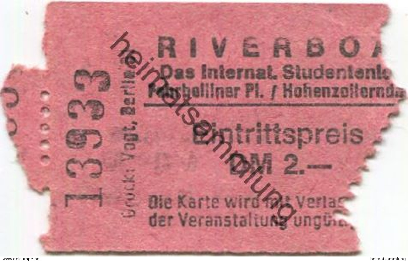 Deutschland - Berlin - Riverboat - Internationales Studentenlokal Ferbelliner Platz/Hohenzollerndamm - Eintrittskarte - Biglietti D'ingresso