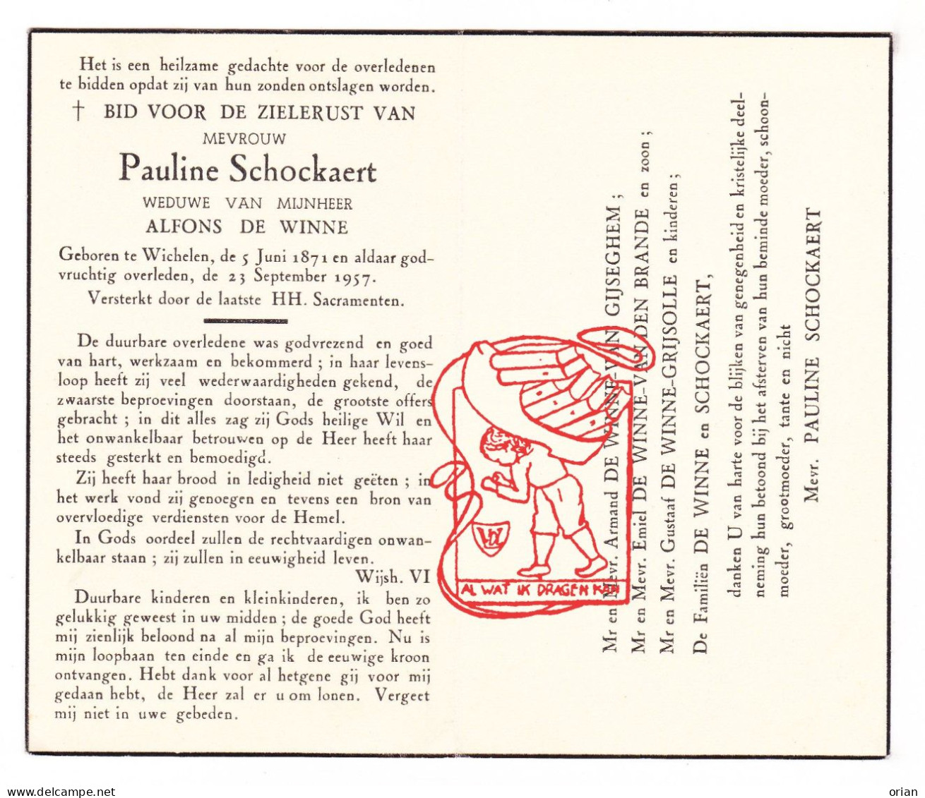 DP Pauline Schockaert ° Wichelen 1871 † 1957 X Alfons De Winne // Van Gijseghem Vandenbrande Grijsolle Grysolle - Devotion Images