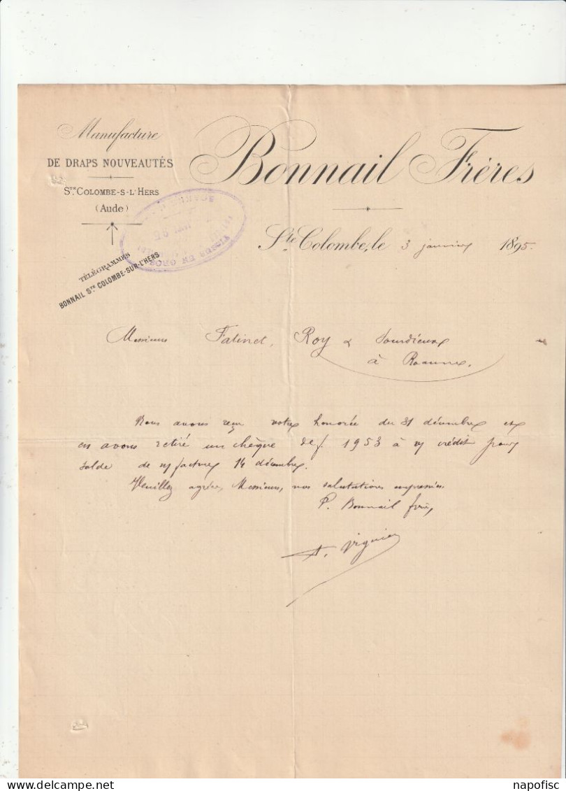 11-Bonnail Frères...Manufacture Des Draps Nouveautés..Sainte-Colombe....(Aude)...1895 - Textile & Vestimentaire