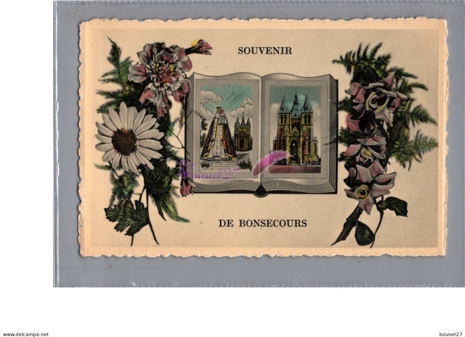 BONSECOURS 76 - Souvenir De Bonsecours Illustration Eglise Saint Et Bouquet De Fleur Rose Marguerite - Bonsecours