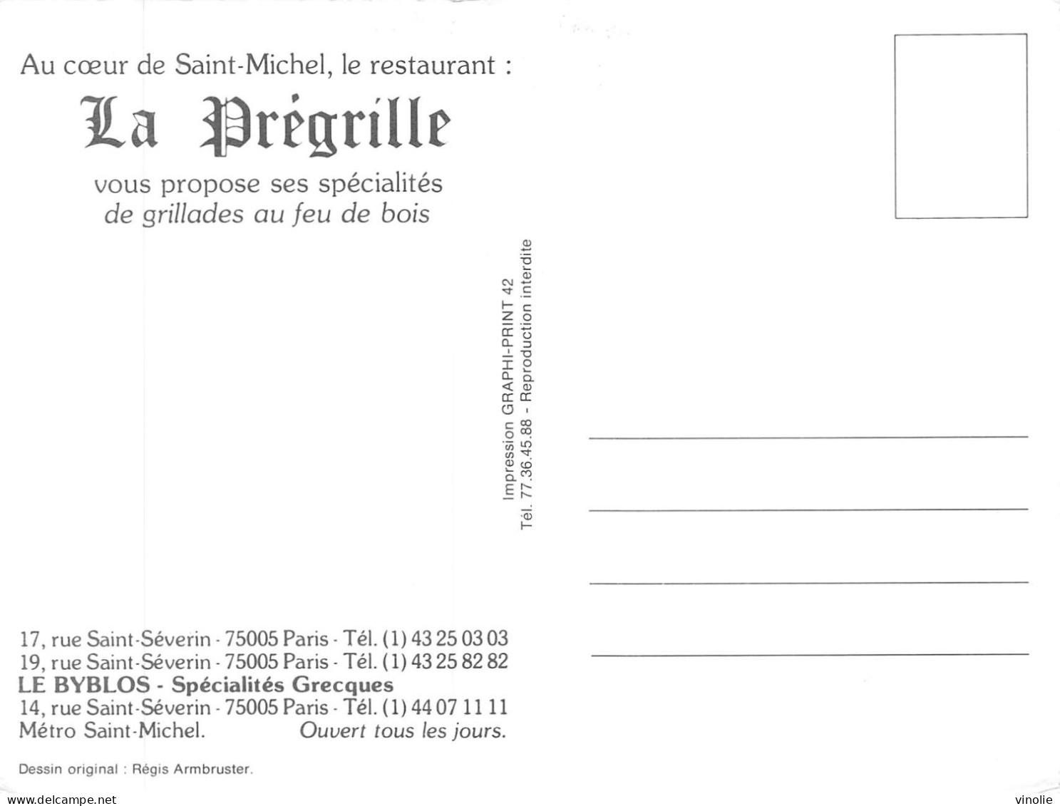 P-24-MOR-555 : PARIS  RESTAURANT LA PREGRILLE PARIS V° - Cafés, Hôtels, Restaurants