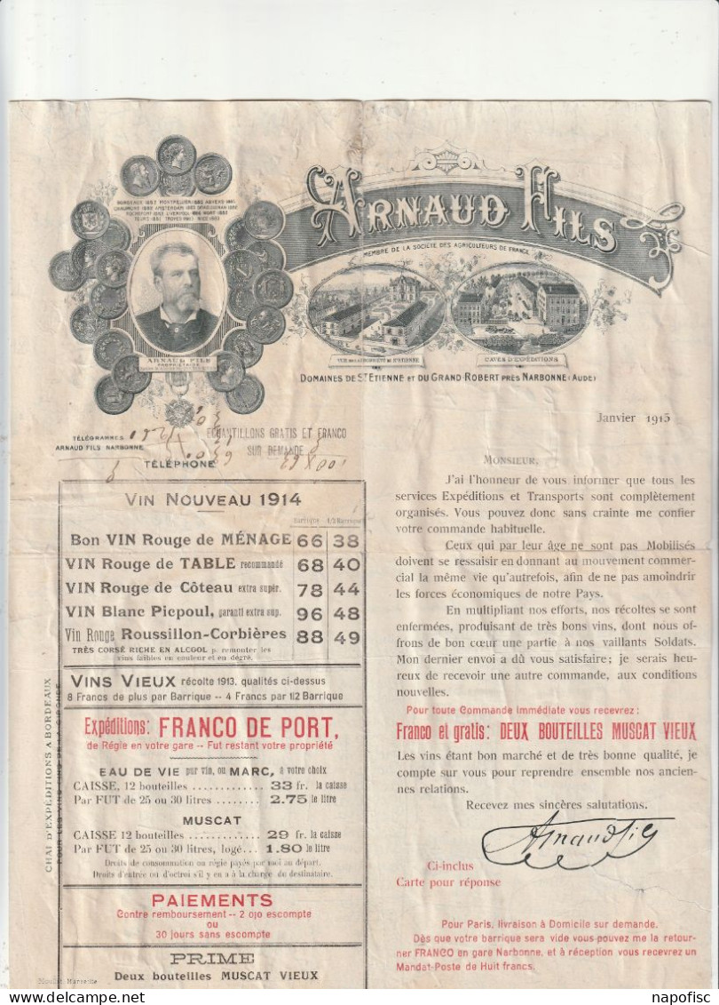 11-Arnaud Fils...Vins..Domaines De St-Etienne & Du Grand-Robert Près Narbonne..(Aude)...1915 - Other & Unclassified