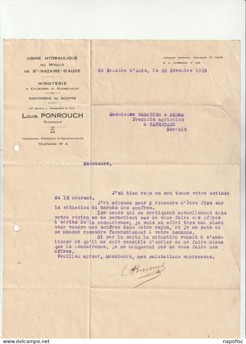 11-L.Ponrouch...Minoterie à Cylindres, Raffinerie De Soufre...Saint-Nazaire D'Aude...(Aude)...1929 - Landwirtschaft