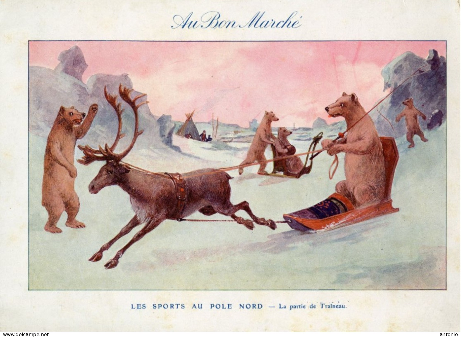 Chromo Grand Format - Les Sports Au Pôle Nord - La Partie De Traîneau (renne, Ours) - Au Bon Marché