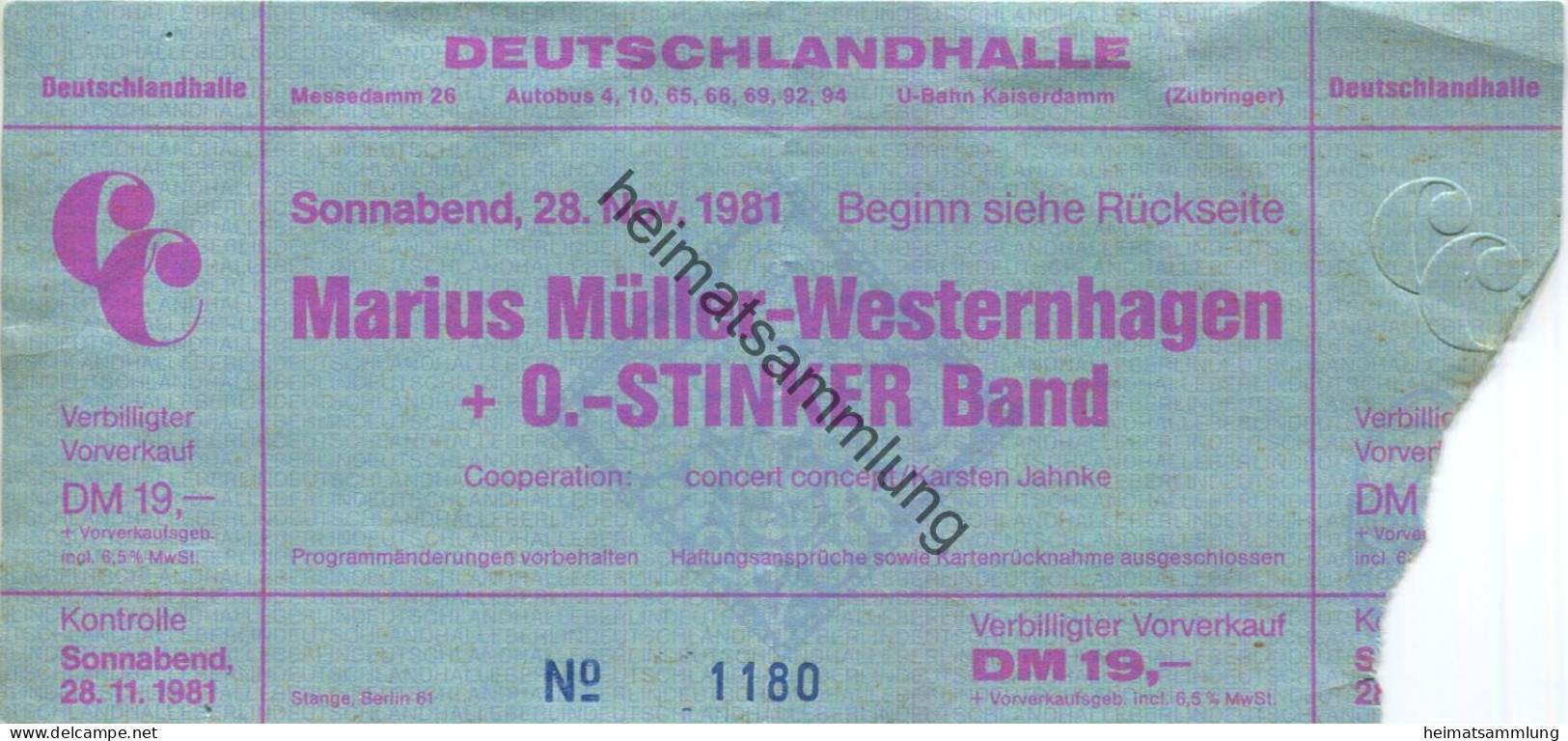 Deutschland - Berlin - Deutschlandhalle 1981 - Marius Müller-Westernhagen + O.-Stinker Band - Eintrittskarte - Tickets D'entrée