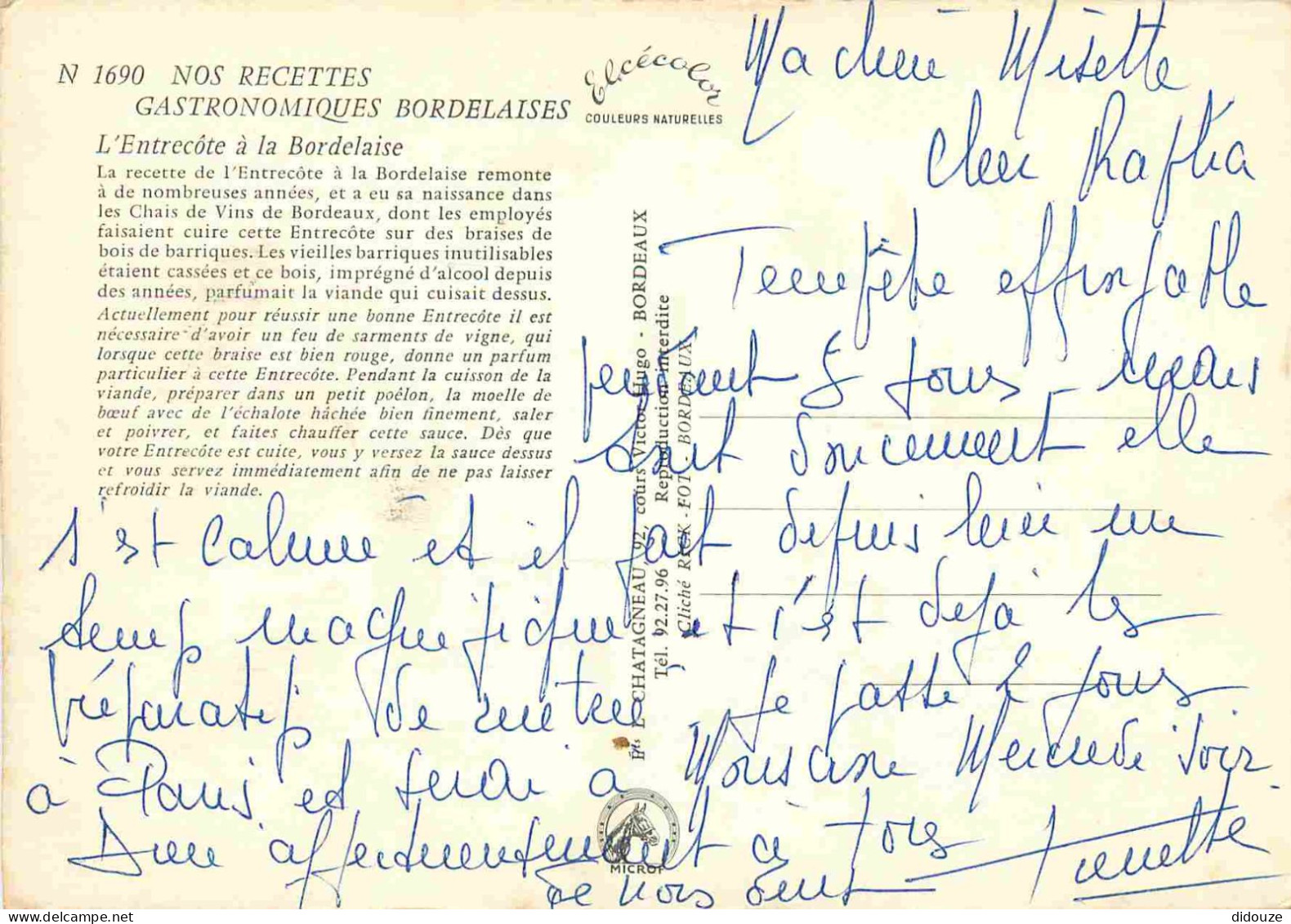 Recettes De Cuisine - Entrecote à La Bordelaise - Gastronomie - CPM - Voir Scans Recto-Verso - Recipes (cooking)