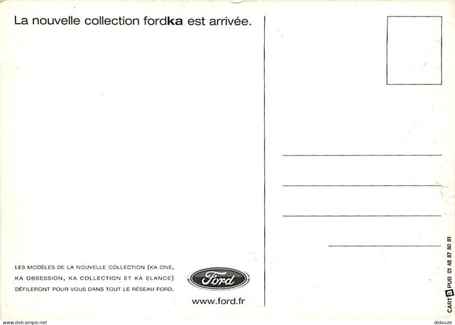 Automobiles - Ford - Ka - Carte Publicitaire - Carte Neuve - CPM - Voir Scans Recto-Verso - Voitures De Tourisme