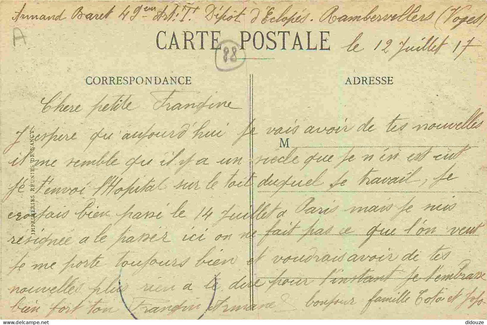 88 - Rambervillers - L'Hopital - Correspondance - CPA - Voyagée En 1917 - Voir Scans Recto-Verso - Rambervillers