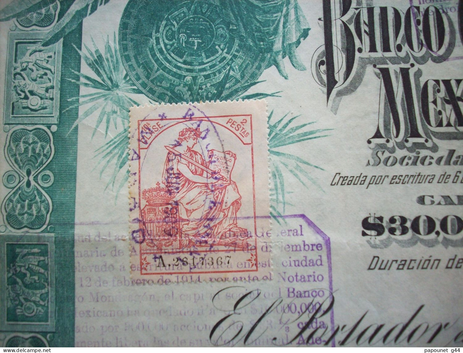 Action 1908 ( Banco Cantral Mexicano ) Très Belle Vignette Fiscale - Banco & Caja De Ahorros