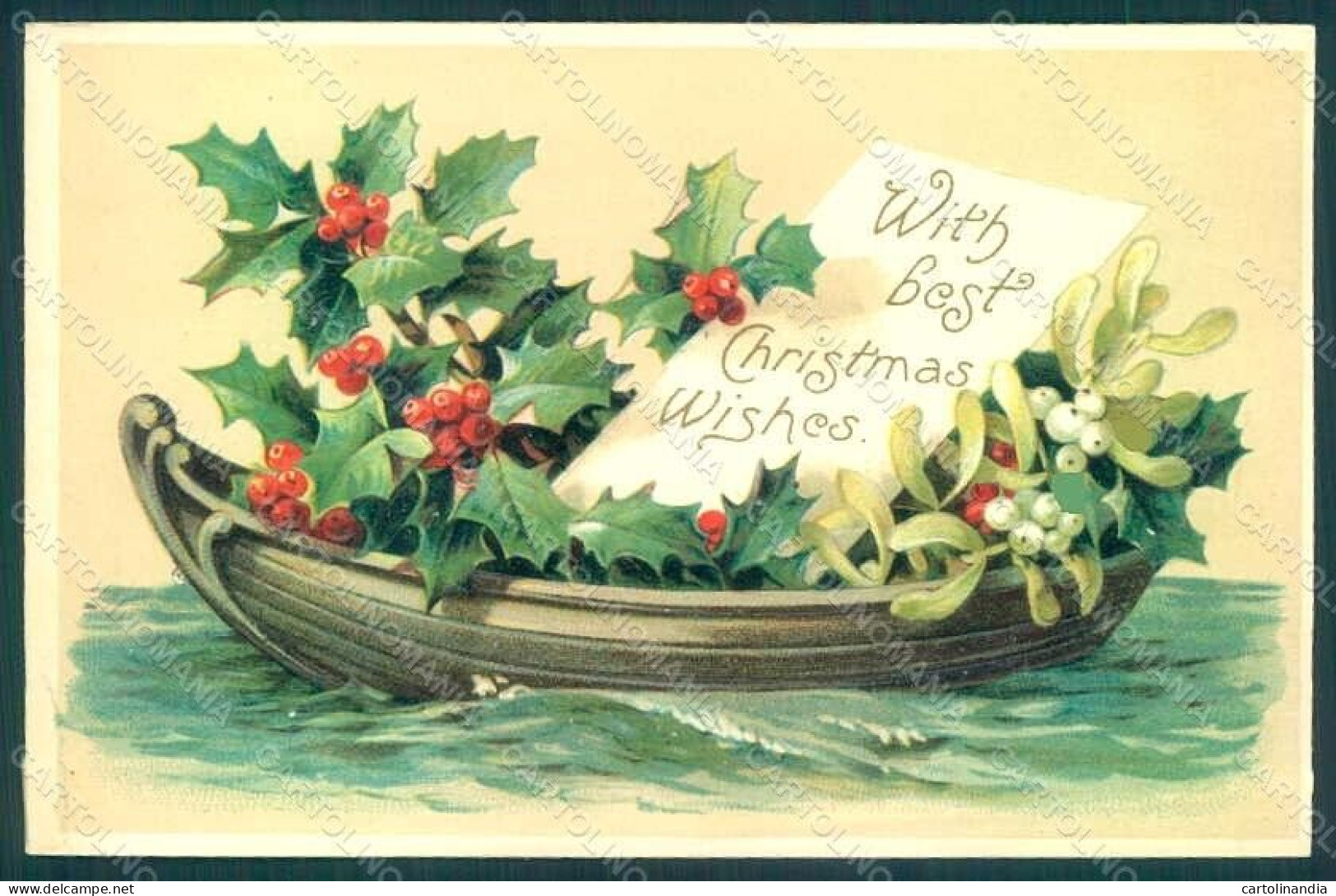Greetings Christmas Mistletoe Holly Boat CORNER CREASED Relief Postcard HR0185 - Fleurs