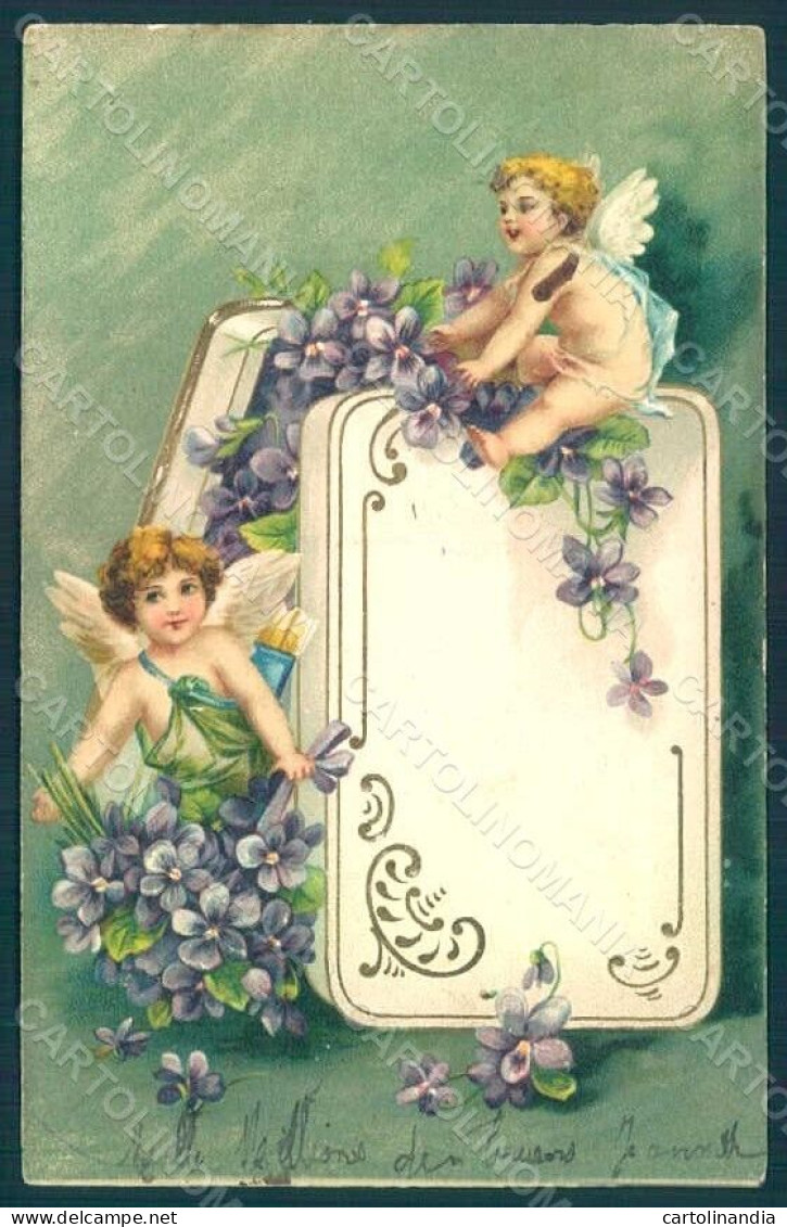 Greetings Angel Putto Violets Flowers Relief Postcard HR0495 - Autres & Non Classés