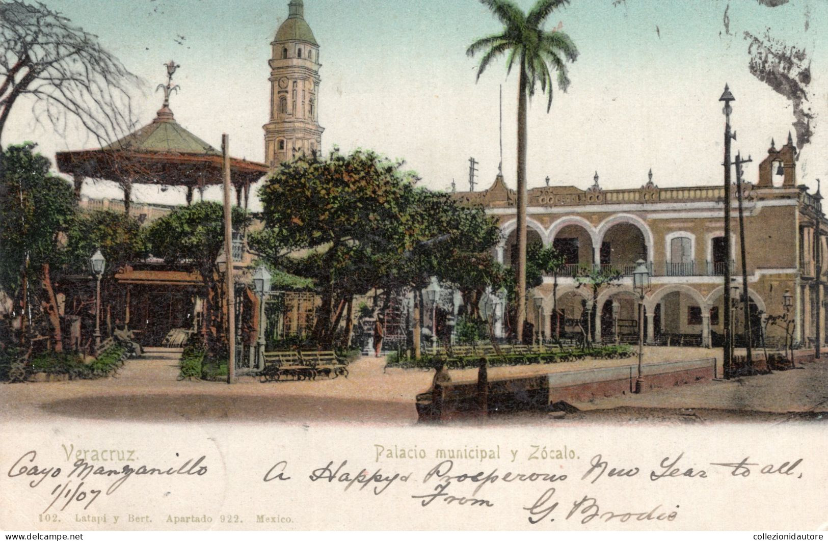 MEXICO - VERACRUZ - PALACIO MUNICIPAL Y ZOCALO - CARTOLINA FP SPEDITA NEL 1907 - Mexico