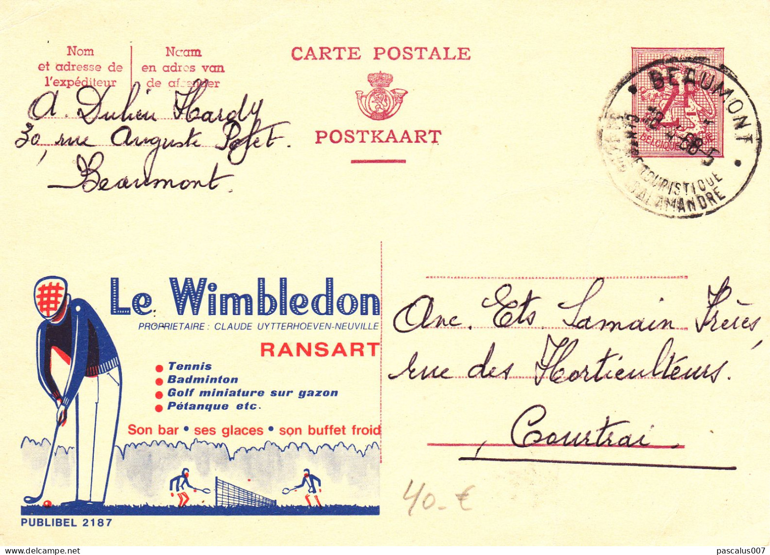 B01-423 22187 - Entier Postal - Carte Publibel N° 2187 - Le Wimbledon Ransart - Tennis Golf FN - Publibels