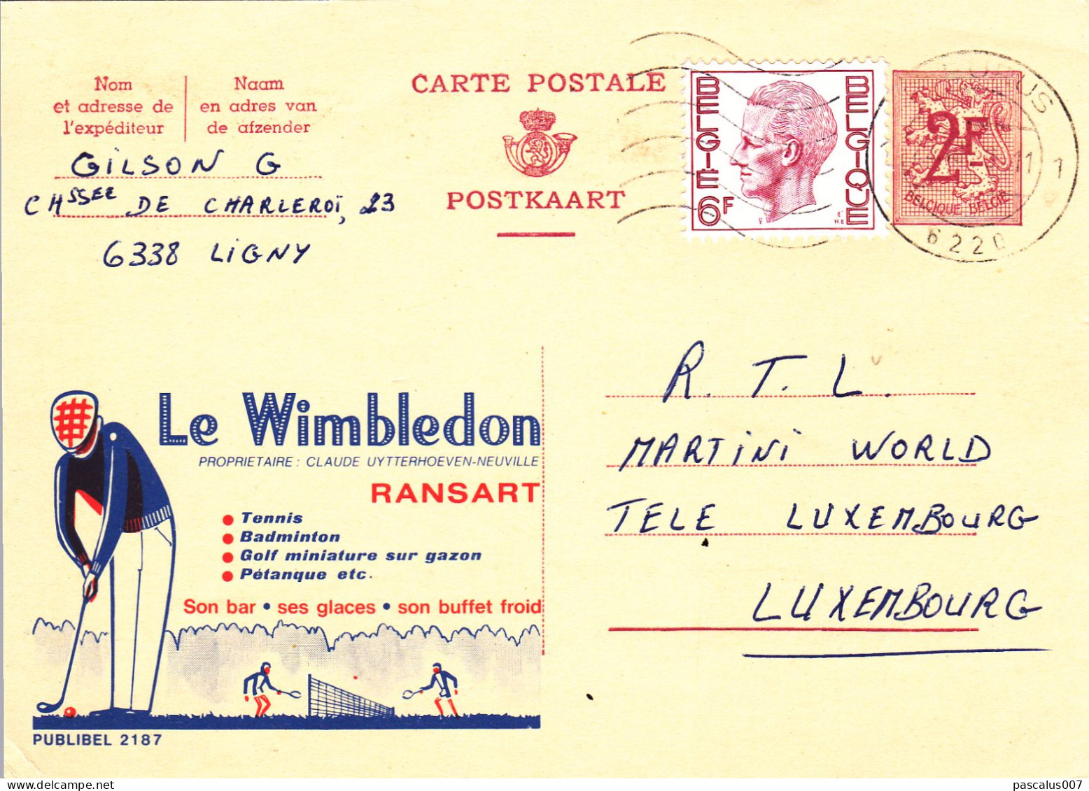 B01-423 22187 - Entier Postal - Carte Publibel N° 2187 - Le Wimbledon Ransart - Tennis Golf FN - Publibels