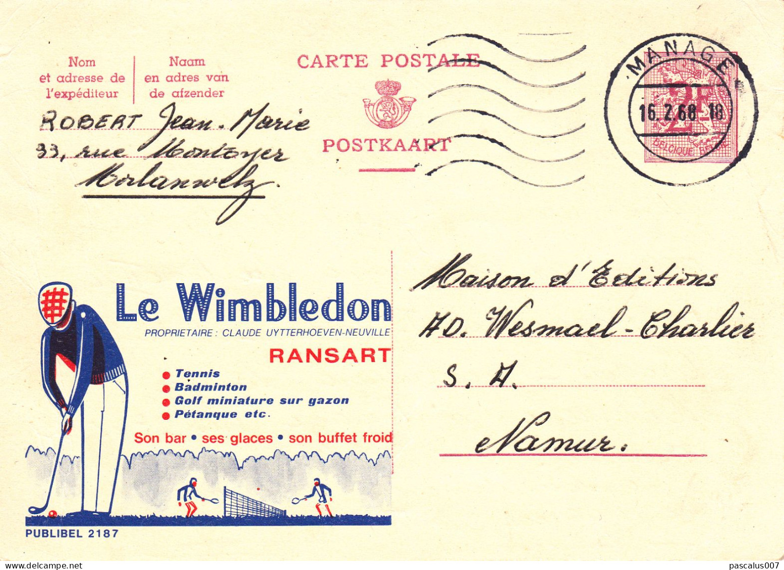 B01-423 22187 - Entier Postal - Carte Publibel N° 2187 - Le Wimbledon Ransart - Tennis Golf FN - Publibels