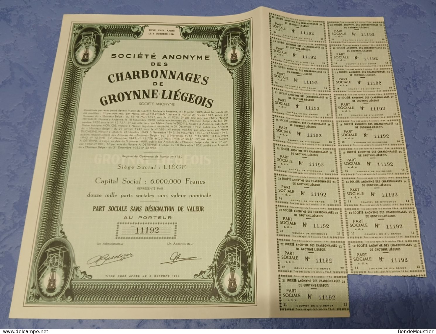 S.A. Des Charbonnages De Groynne Liégeois - Part Sociale Sans Désignation De Valeur Au Porteur - Liège 1952. - Mineral