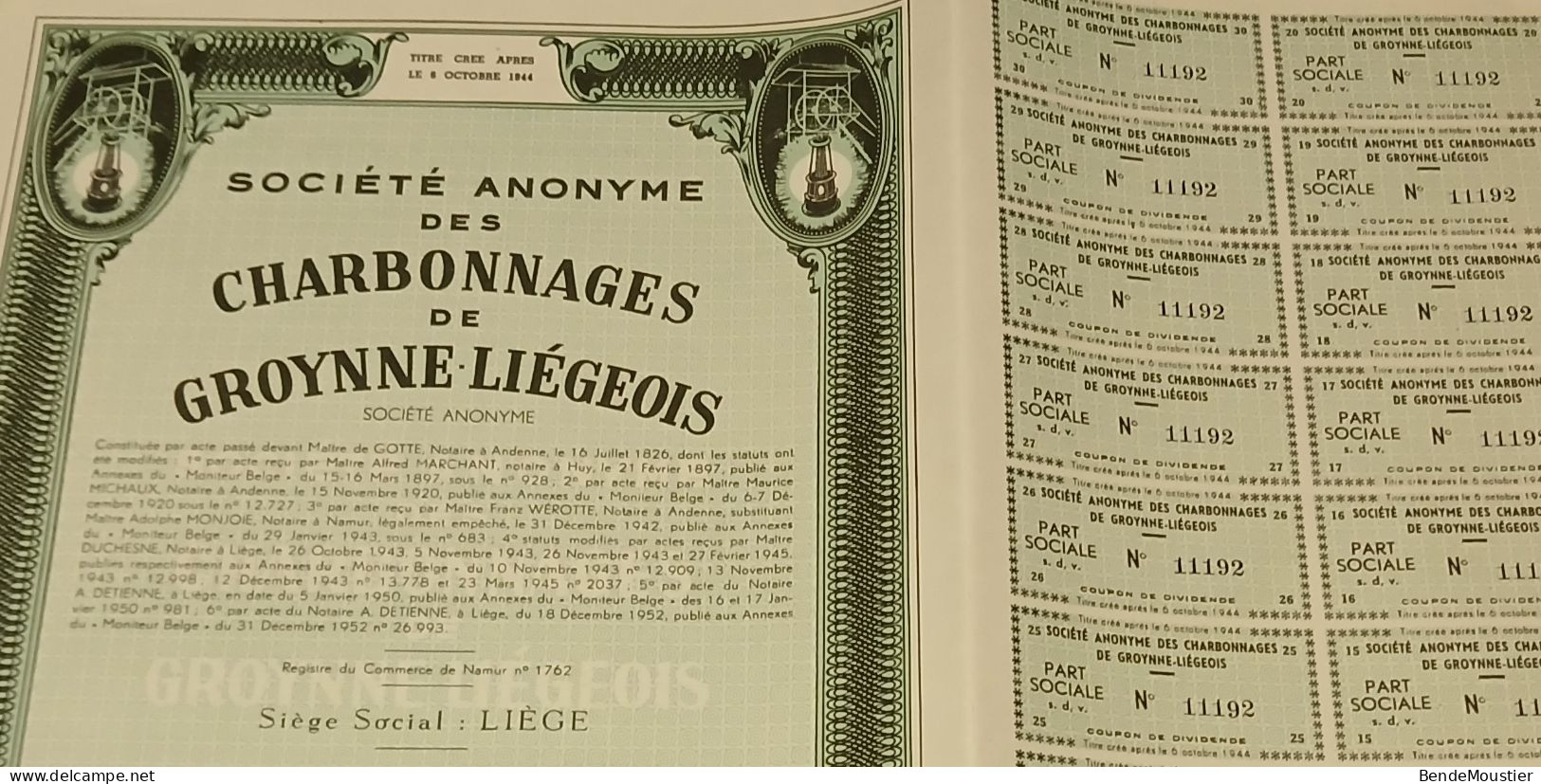 S.A. Des Charbonnages De Groynne Liégeois - Part Sociale Sans Désignation De Valeur Au Porteur - Liège 1952. - Mines