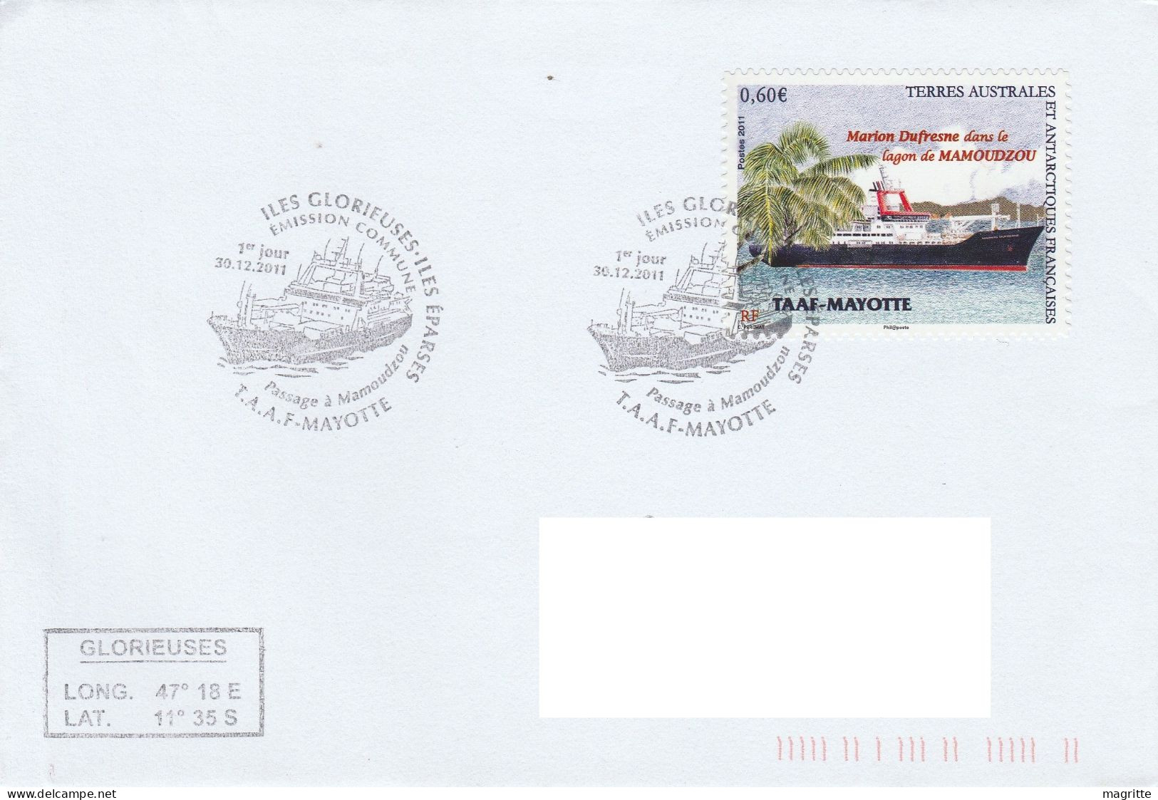 Mayotte TAAF 2011 2 FDC's Voyagées Marion Dufresne Dans Le Lagon De Mamoudzou Mayotte FAAT 2 Travelled FDC's - Joint Issues