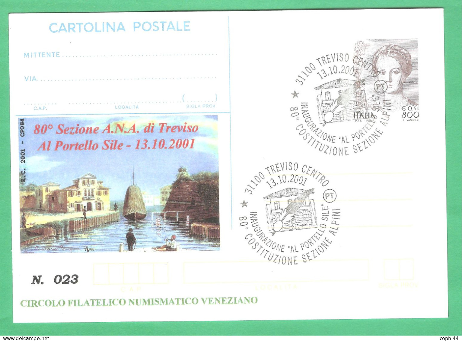 Repiquage "80° COSTITUZIONE SEZIONE ALPINI" TREVISO 2001 Su Intero Postale Donne Nell'arte 800 Lire/0,41 € - Stamped Stationery