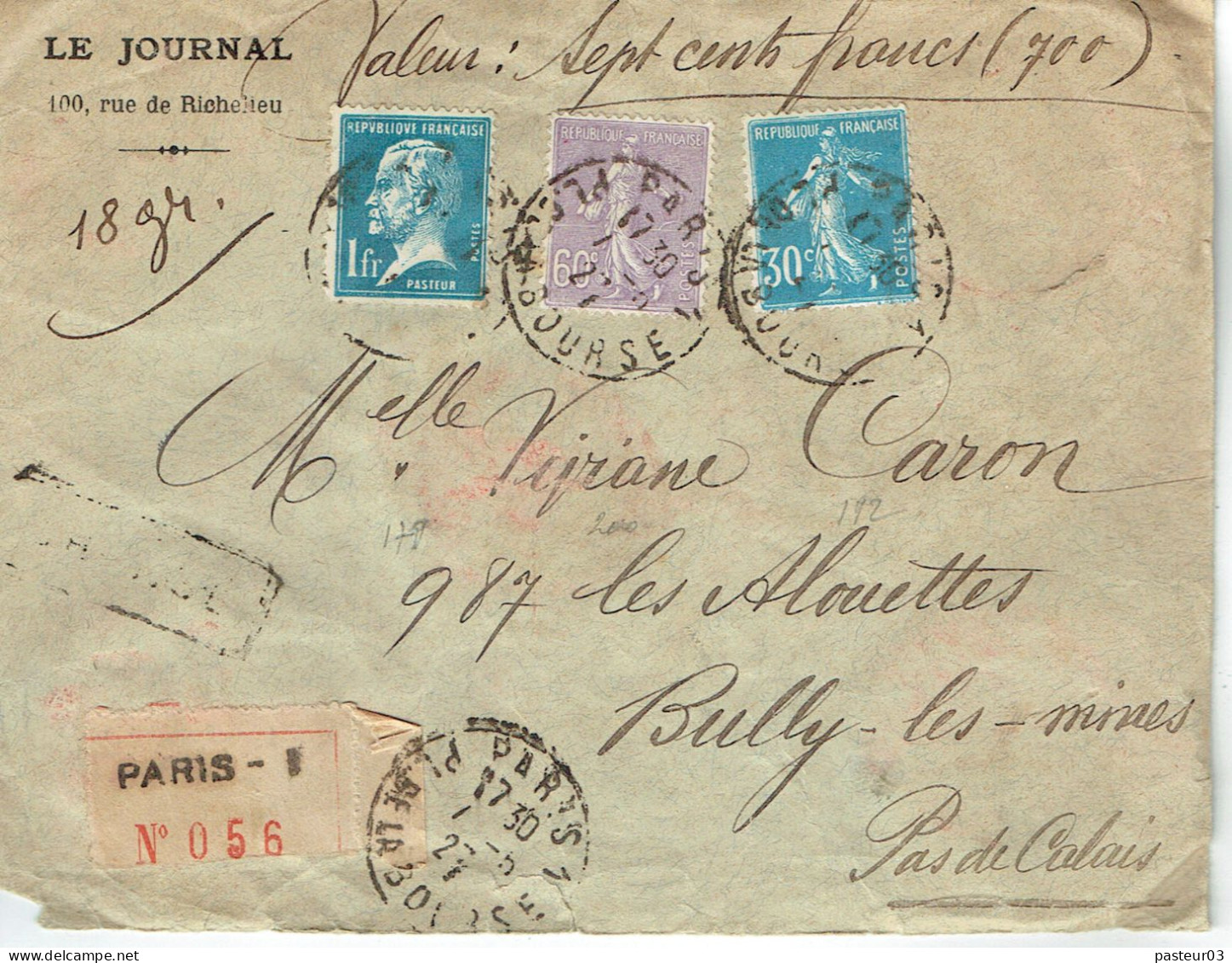 Tarifs Postaux France Du 09-08-1926 (95) Pasteur N° 179 1,00 F. + 60 C. + 30 C. Semeuse Lignée  LR Chargée 1er échelon 0 - 1922-26 Pasteur