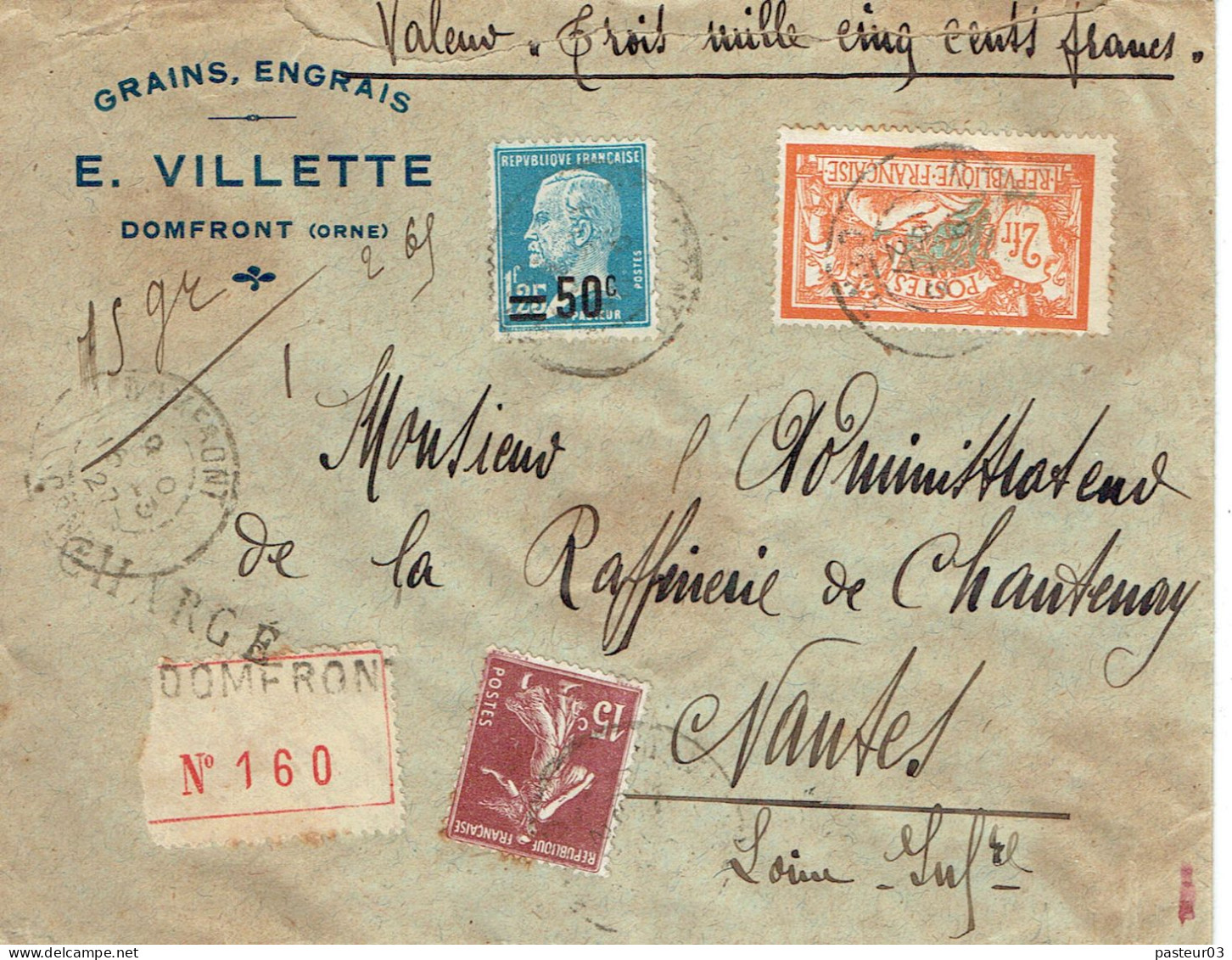 Tarifs Postaux France Du 09-08-1926 (98) Pasteur N° 222 50 C. Sur 1,25 F. + Merson 2,00 F. + Semeuse 15 C. LR Chargée 2è - 1922-26 Pasteur