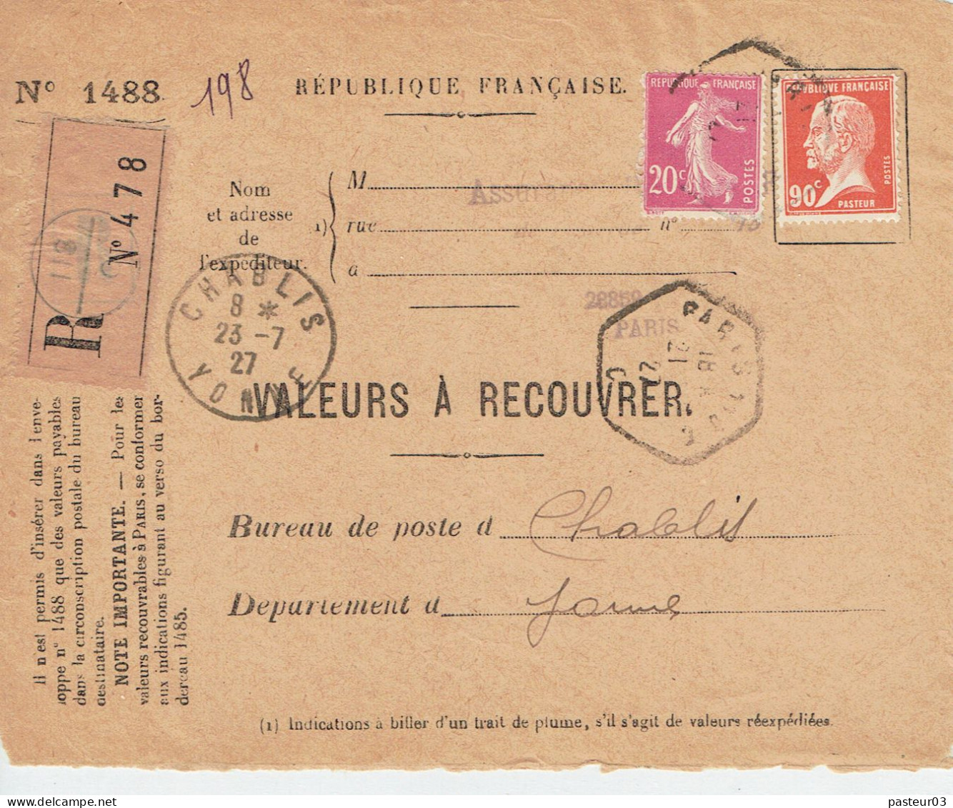 Tarifs Postaux France Du 09-08-1926 (108) Pasteur N° 178 90 C.+ 20 C. Semeuse Devant D'enveloppe Valeur à Recouvrer 23-0 - 1922-26 Pasteur