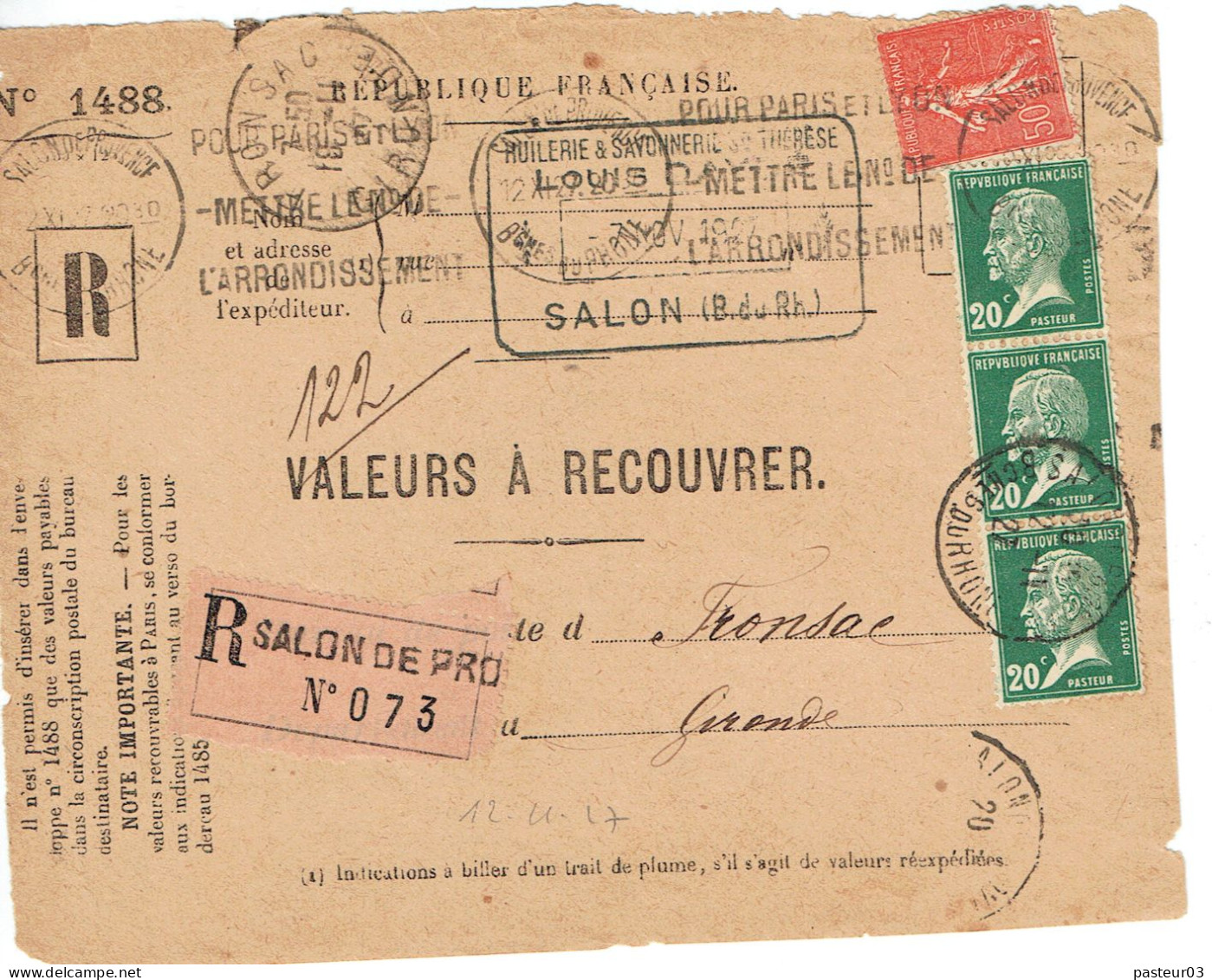 Tarifs Postaux France Du 09-08-1926 (110) Pasteur N° 172 20 C. X 3 + 50 C. Semeuse Devant D'enveloppe Valeur à Recouvrer - 1922-26 Pasteur