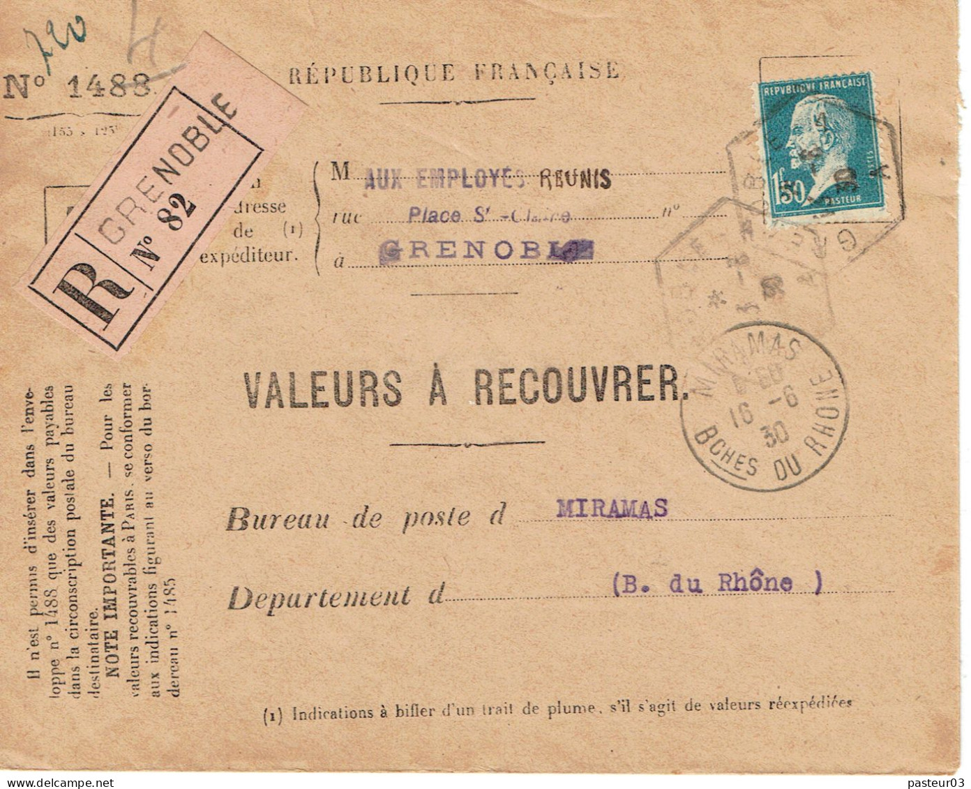 Tarifs Postaux France Du 21-04-1930 (115) Pasteur  N° 181 1,50 F.  Devant D'enveloppe Valeur à Recouvrer 18-06-1930 - 1922-26 Pasteur