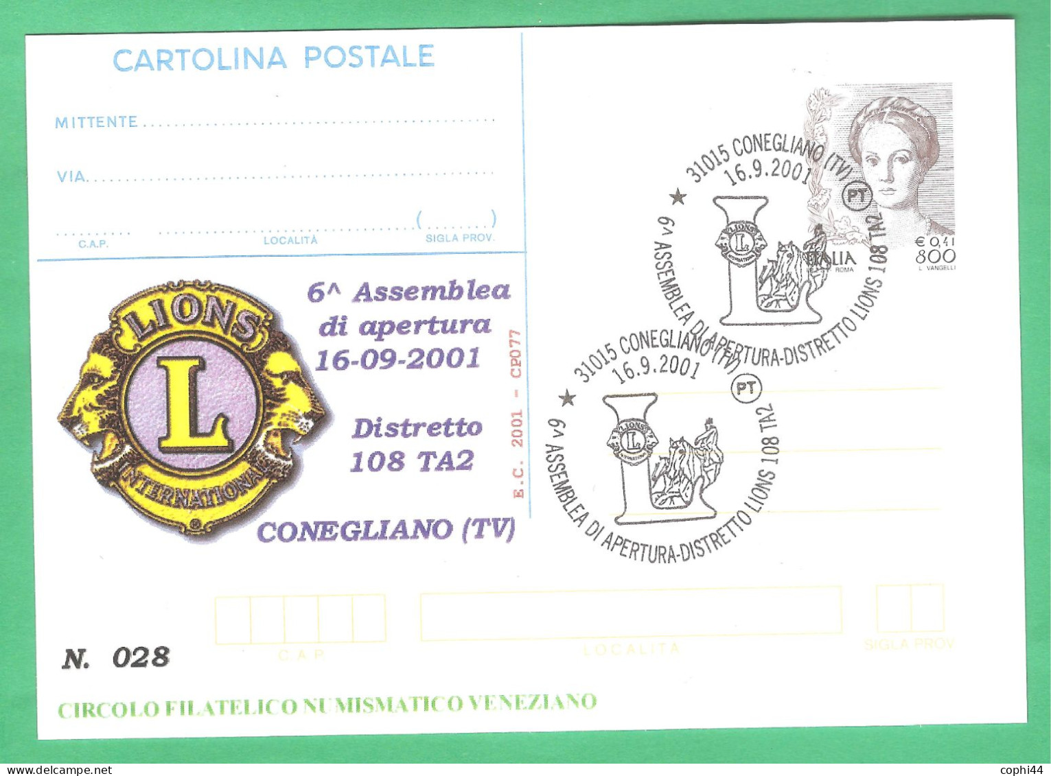 Repiquage "6^ ASSEMBLEA LIONS DI APERTURA DISTRETTO" CONEGLIANO 2001 Su Intero Postale Donne Nell'arte 800 Lire/0,41 € - Postwaardestukken