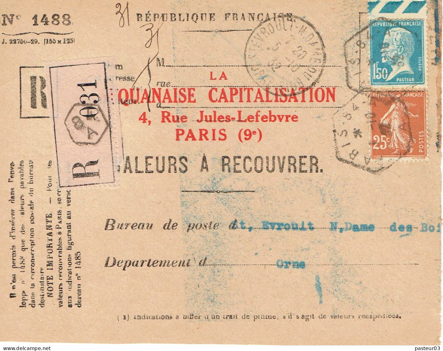 Tarifs Postaux France Du 18-07-1932  (120) Pasteur N° 181 1,50 F. + Semeuse 25 C.  Devant D'enveloppe Valeur à Recouvrer - 1922-26 Pasteur